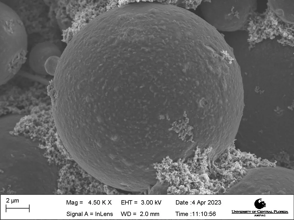 Close-up SEM micrograph of a Glassact silicon oxycarbide anode sphere
